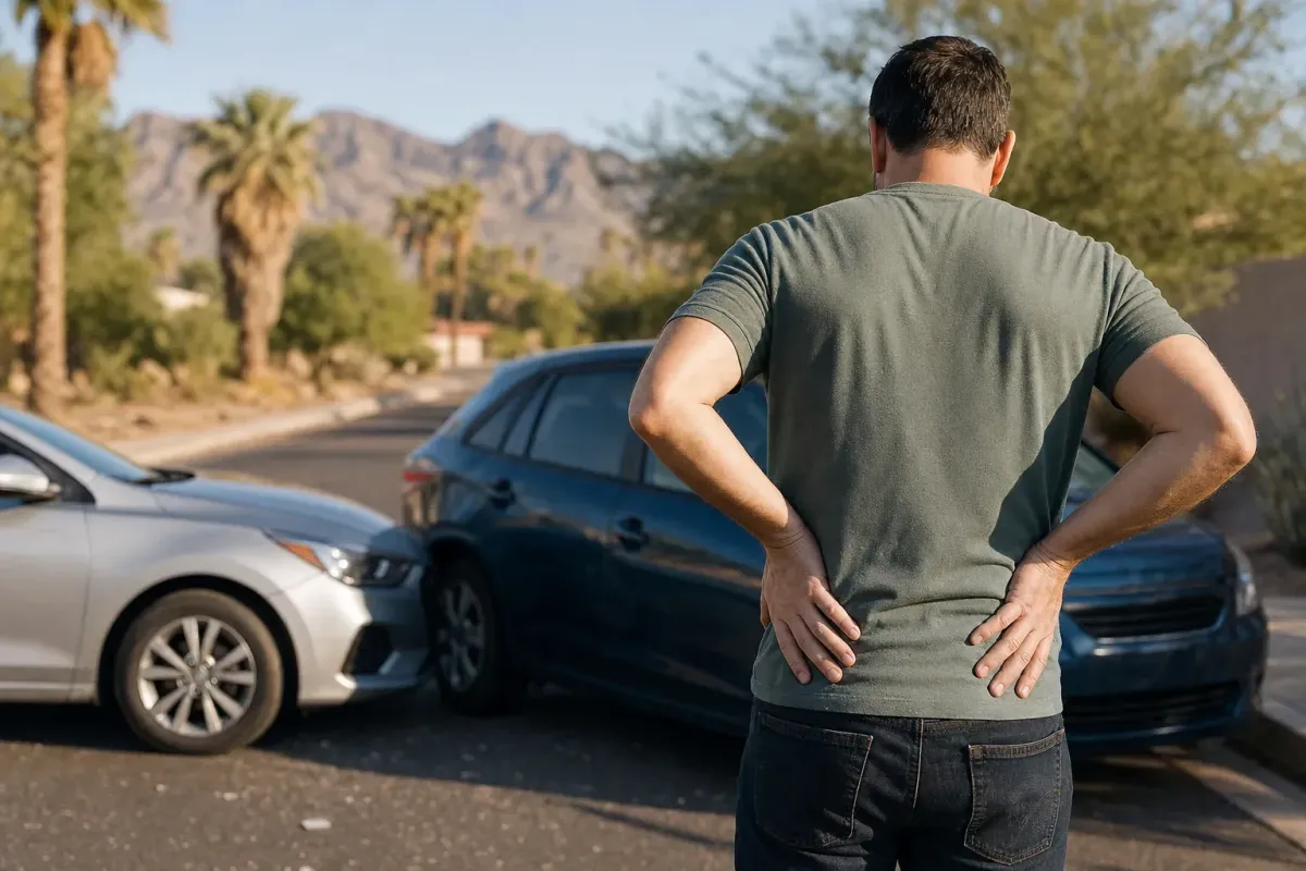 Person holding lower back after a car accident representing crash back injury