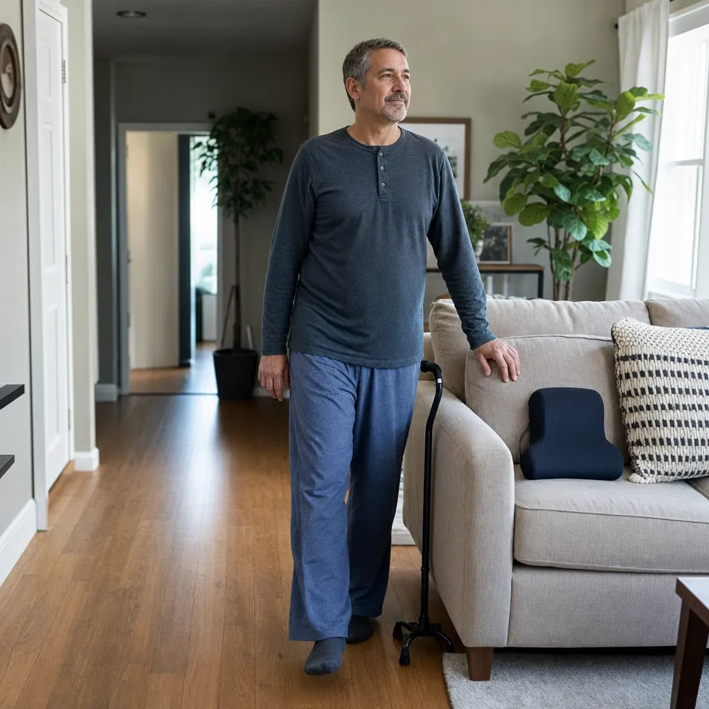 Man walking gently at home while recovering from a microdiscectomy