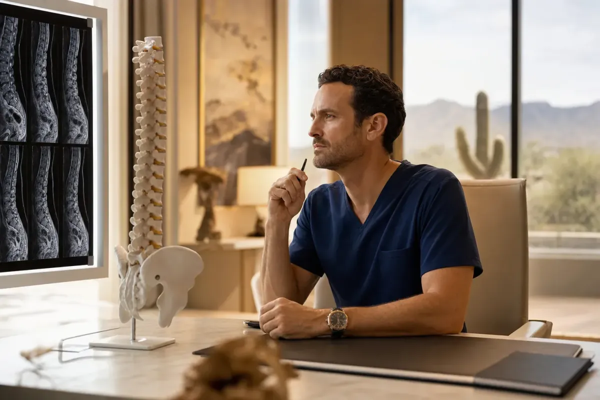 Spine surgeon studying a lumbar MRI and spine model while planning a fusion for the long term