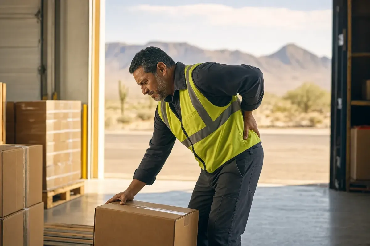 Worker lifting with a hand on the lower back, illustrating occupational strain as a leading cause of back pain