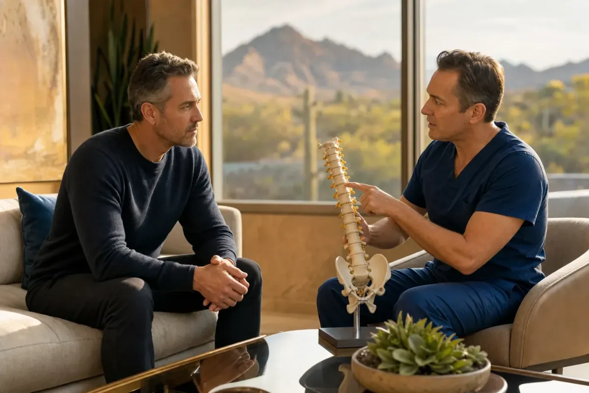 Surgeon explaining a lumbar spine model to a thoughtful patient weighing back surgery options