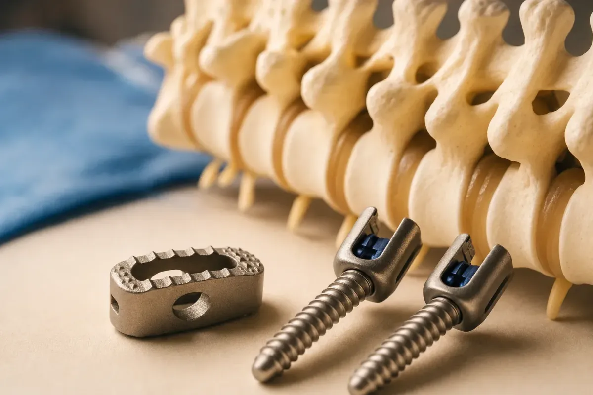 Titanium interbody cage and pedicle screws beside a lumbar spine model in warm studio light