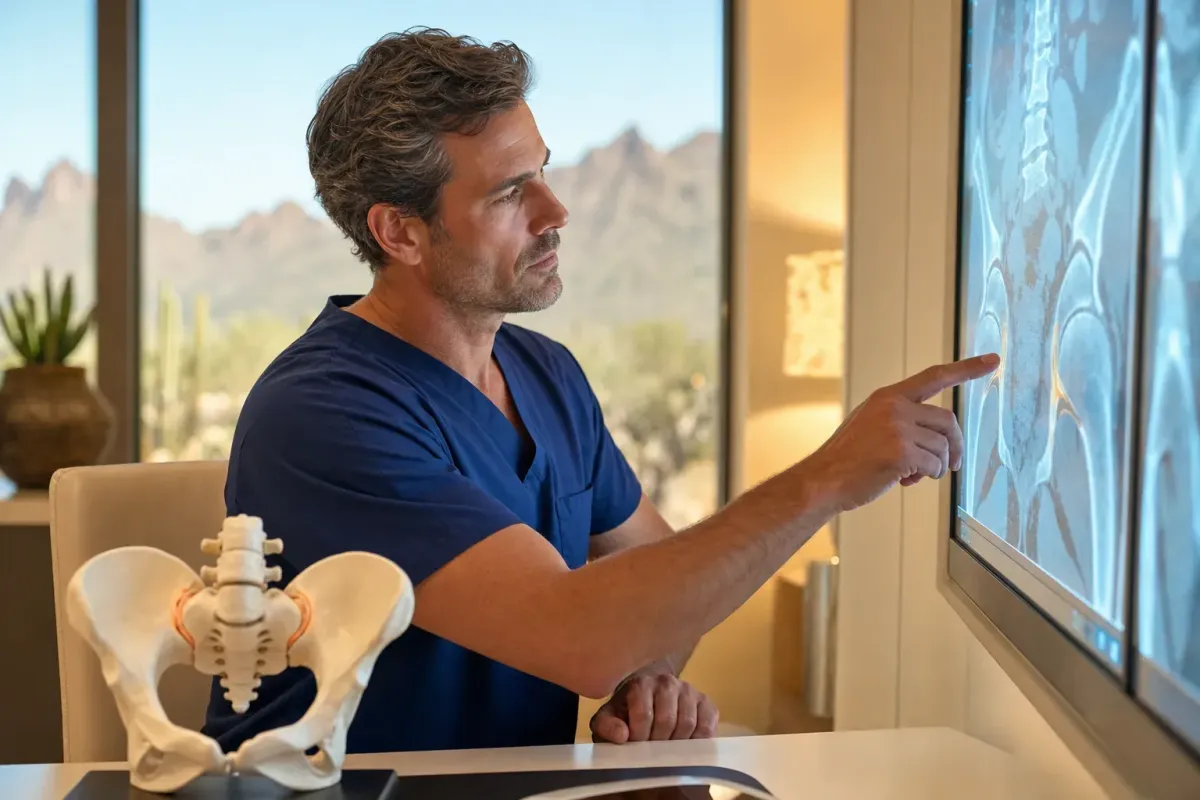 Surgeon reviewing a sacroiliac joint CT with a pelvis model in a warm Phoenix medical office