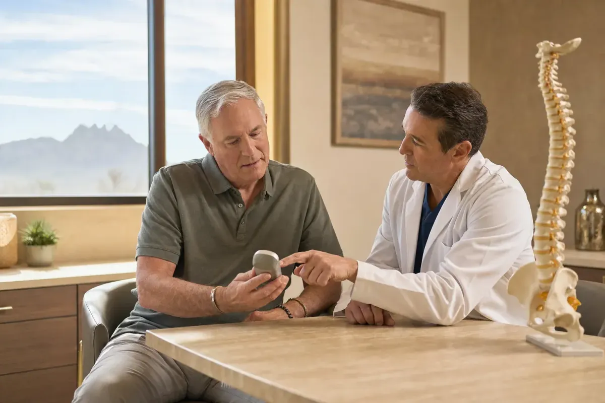 Physician and patient reviewing a spine model and neuromodulation device during a spinal cord stimulation consultation