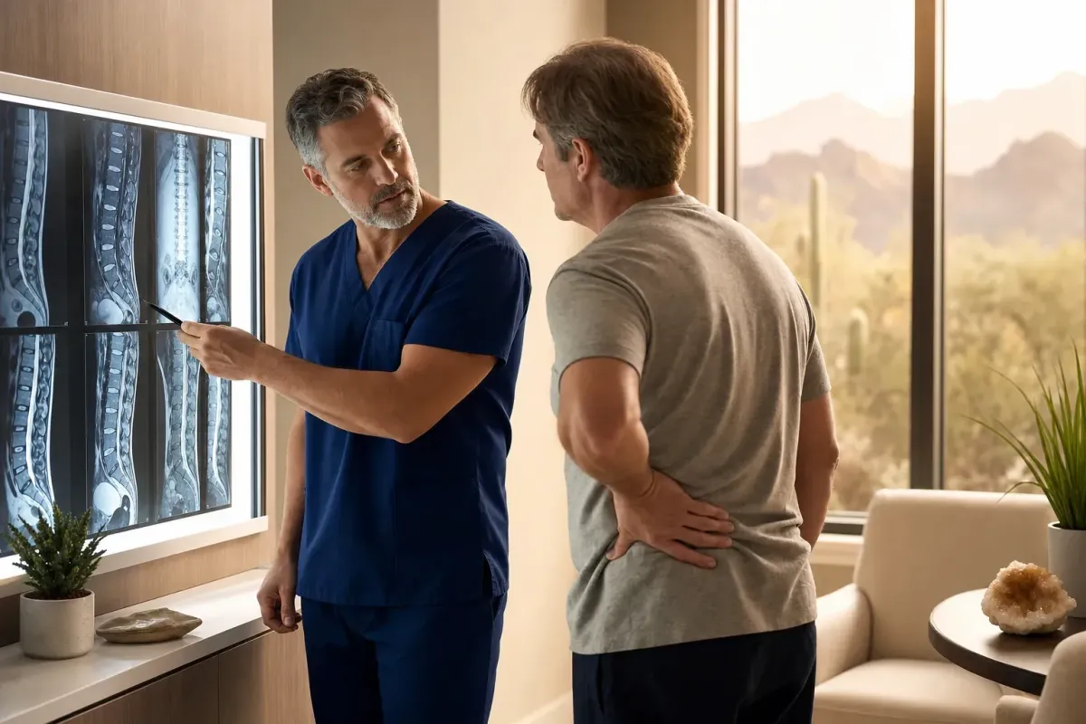 Spine surgeon reviewing an MRI with a patient experiencing continued back pain after surgery