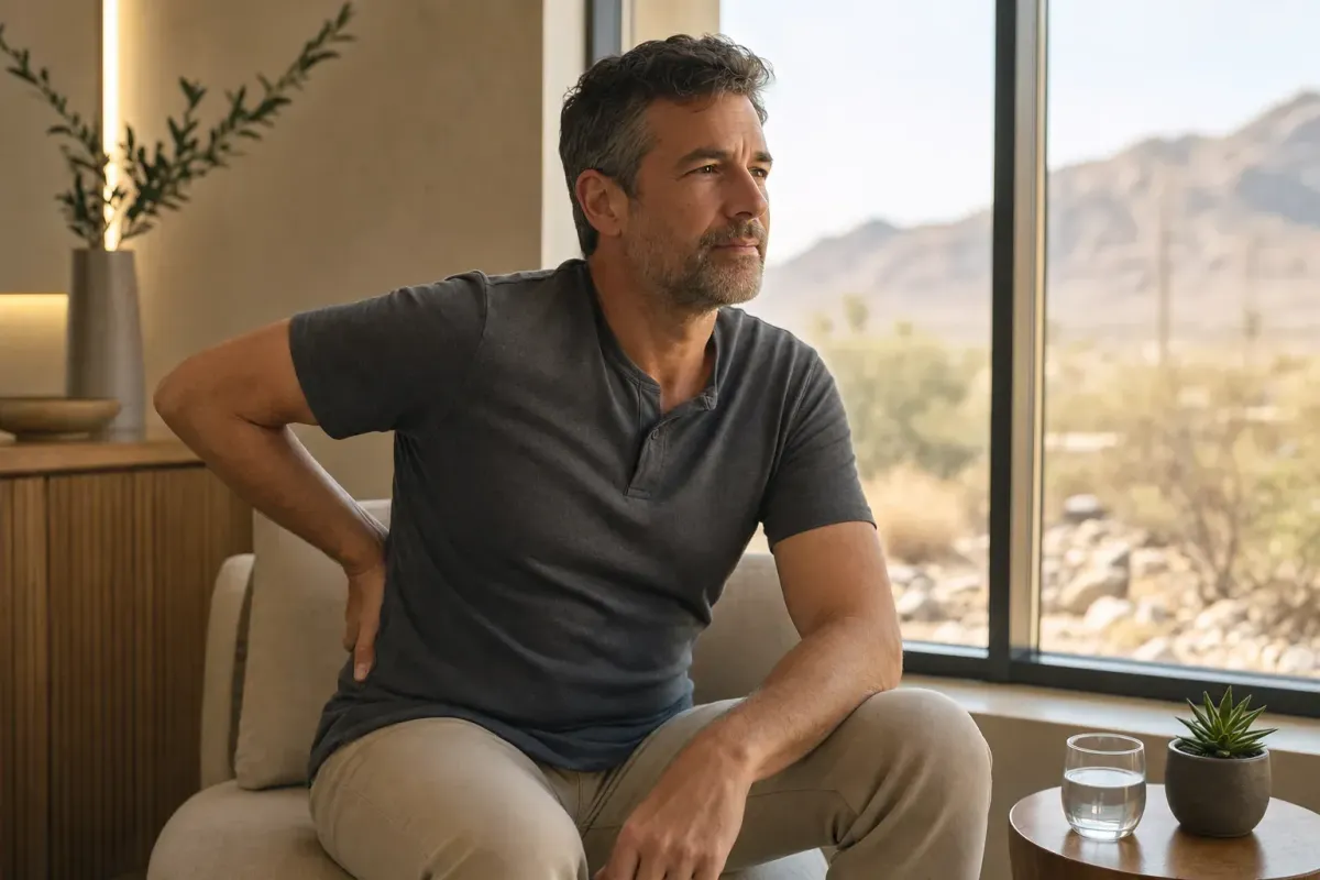 Adult sitting by a window with a hand on the lower back, reflecting the daily reality of chronic back pain
