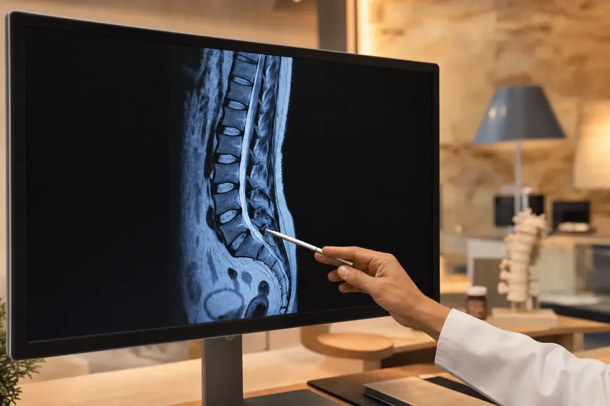 Physician reviewing a lumbar spine MRI for disc herniation after a car accident