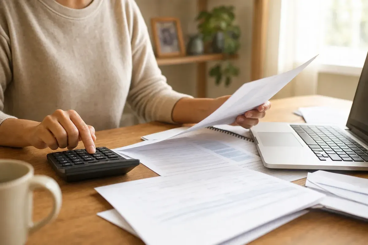 Person reviewing spine surgery cost estimate and medical bill paperwork with a calculator