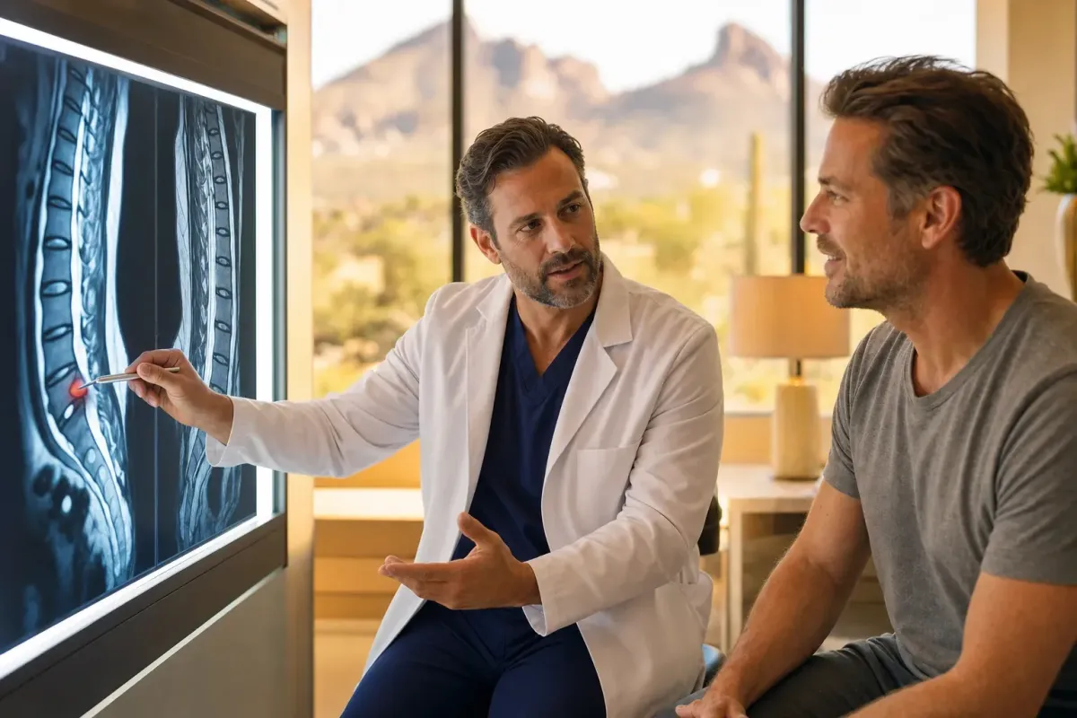 Surgeon reviewing a herniated disc MRI with a patient in a warm Phoenix medical office