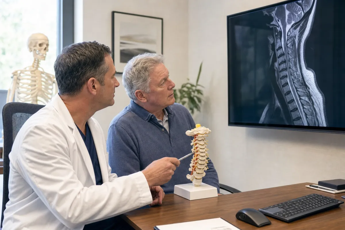 Spine surgeon showing an older patient a neck MRI and cervical spine model during a myelopathy consultation