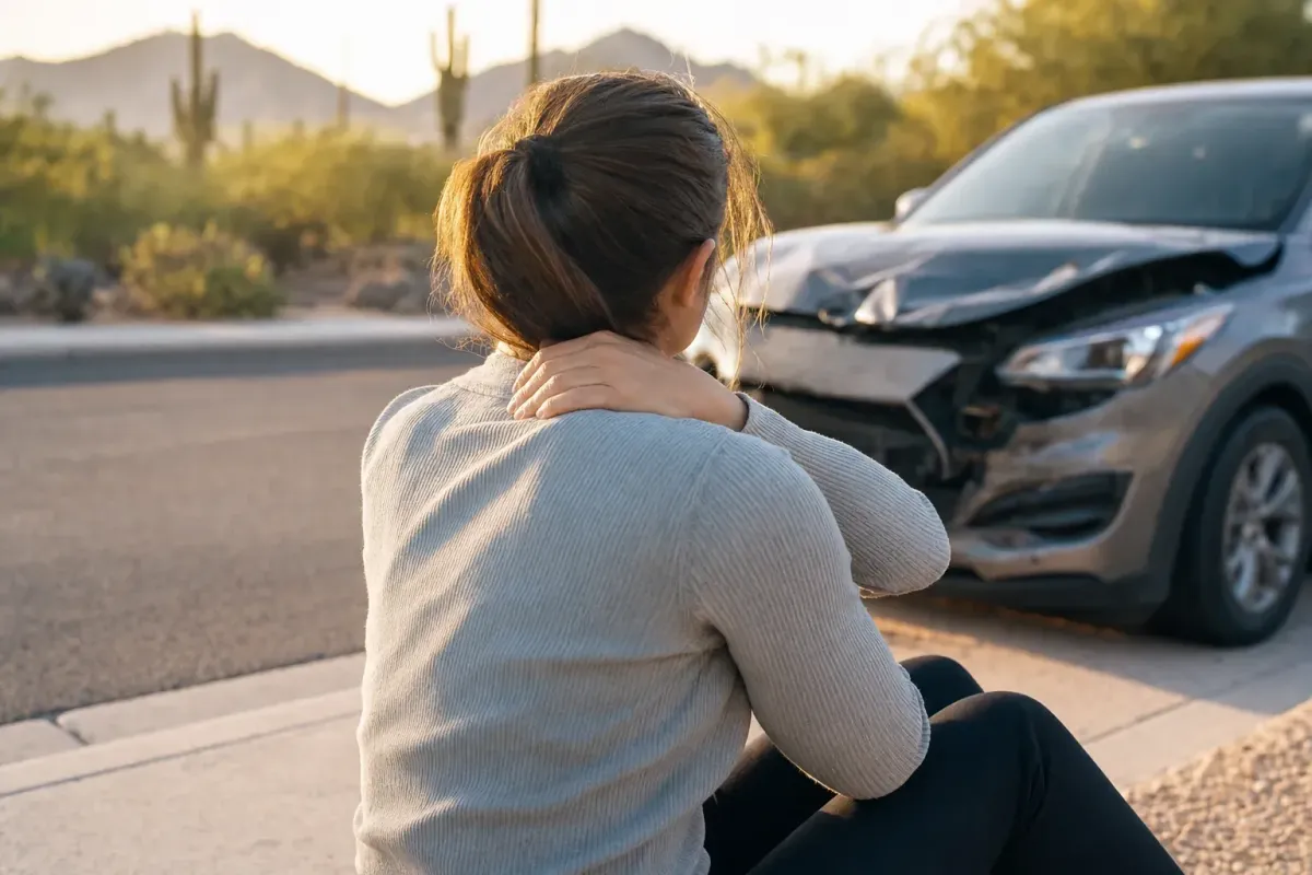 Person rubbing a stiff shoulder after a car accident representing soft tissue injury