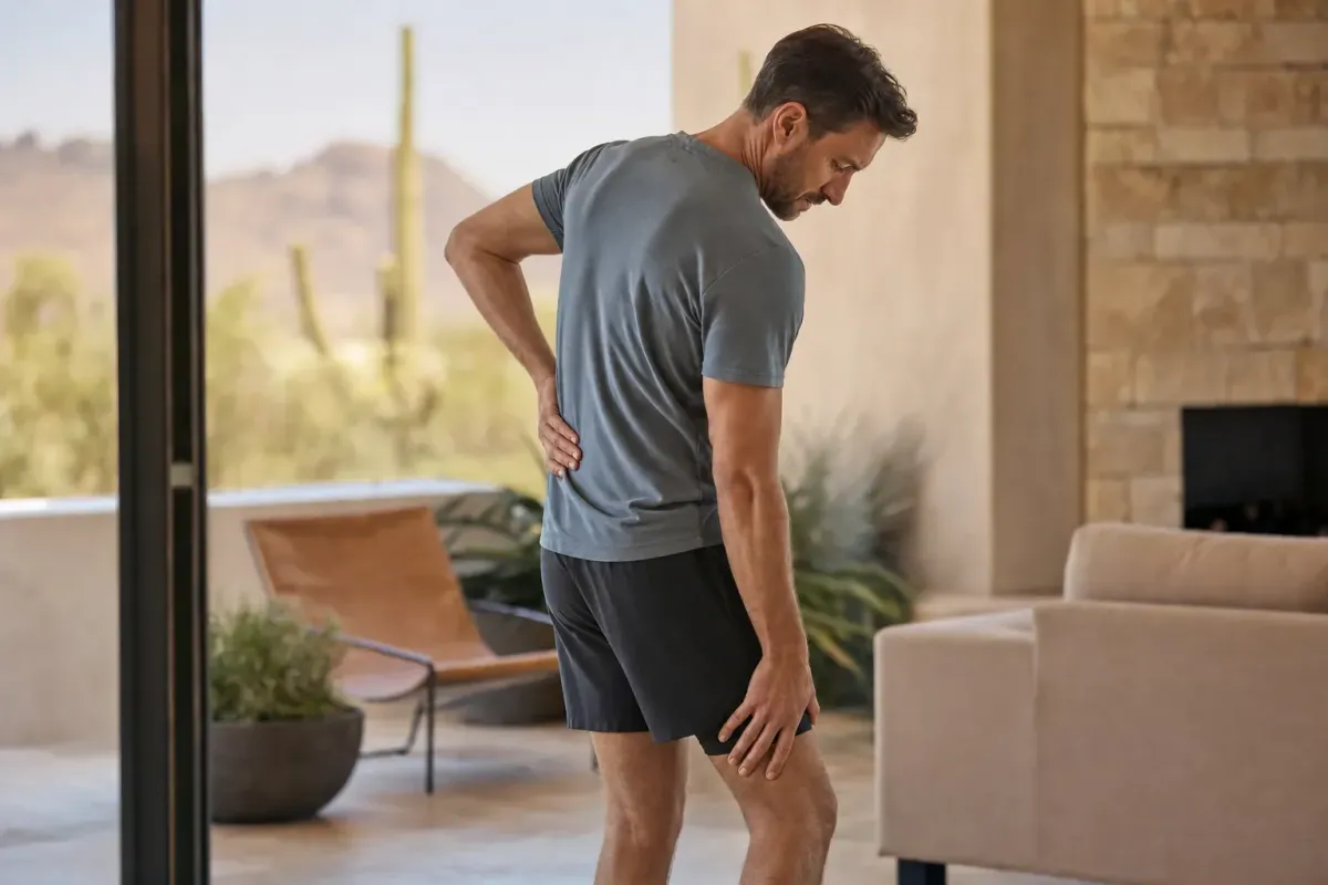 Adult with radiating pain from the lower back down one leg, illustrating sciatica