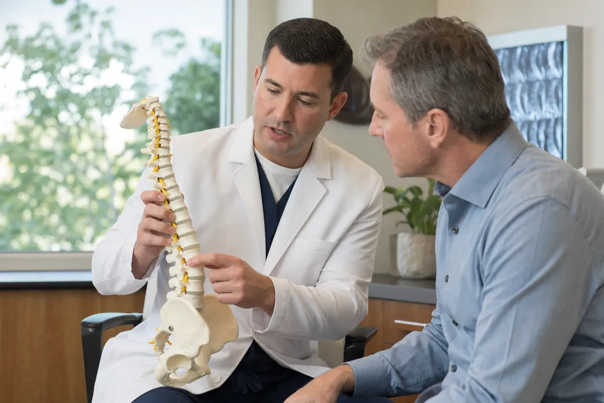 Spine surgeon pointing to a lumbar spine model while explaining to a patient why fusion may be needed