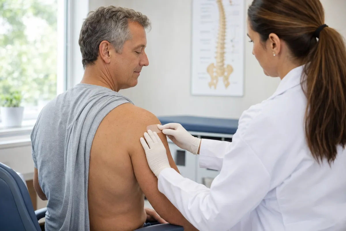 Clinician placing a small bandage on a relaxed patient's upper back after a trigger point injection