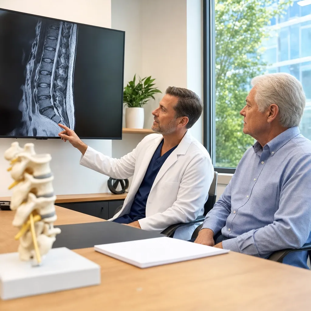Spine surgeon and older patient reviewing a lumbar spine MRI during a decompression surgery consultation