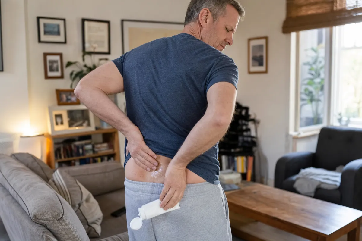 Adult rubbing pain-relief cream onto their lower back for sciatica discomfort at home