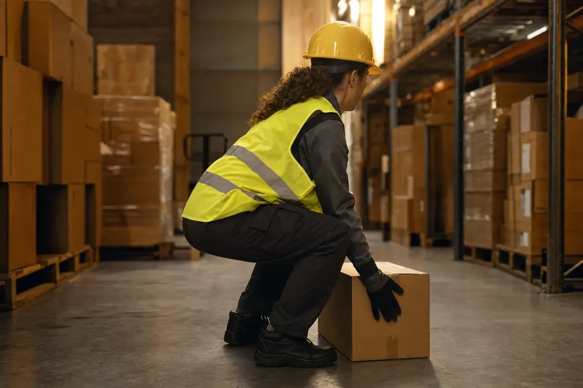 Warehouse worker lifting a box representing workplace back injury risk from manual handling