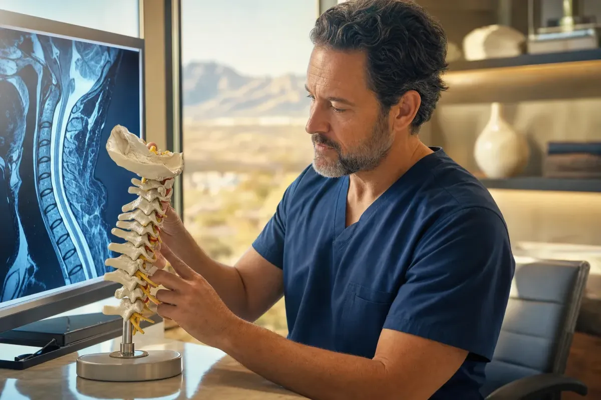 Surgeon examining a cervical spine model and neck MRI in a warm Phoenix medical office