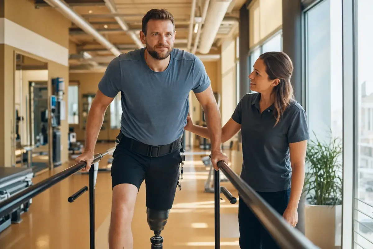 Patient using gait-training bars with a therapist, representing spinal cord injury recovery