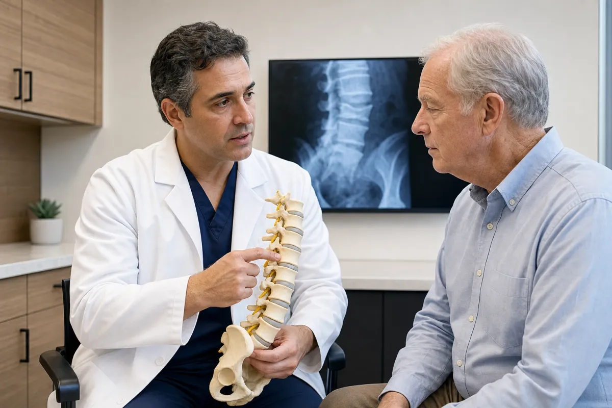 Spine surgeon showing a patient a spine model during a kyphoplasty consultation for a compression fracture