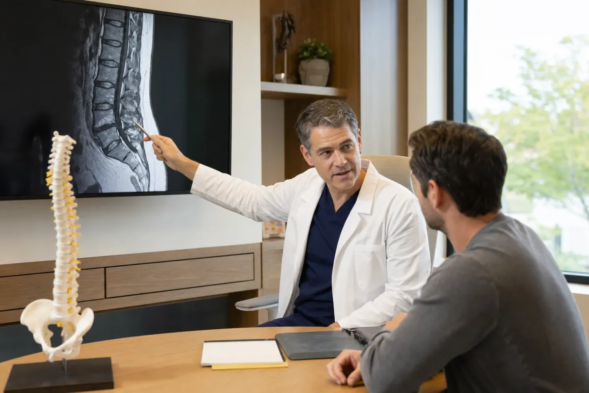 Spine surgeon reviewing a lumbar MRI with an anatomical spine model in a medical office