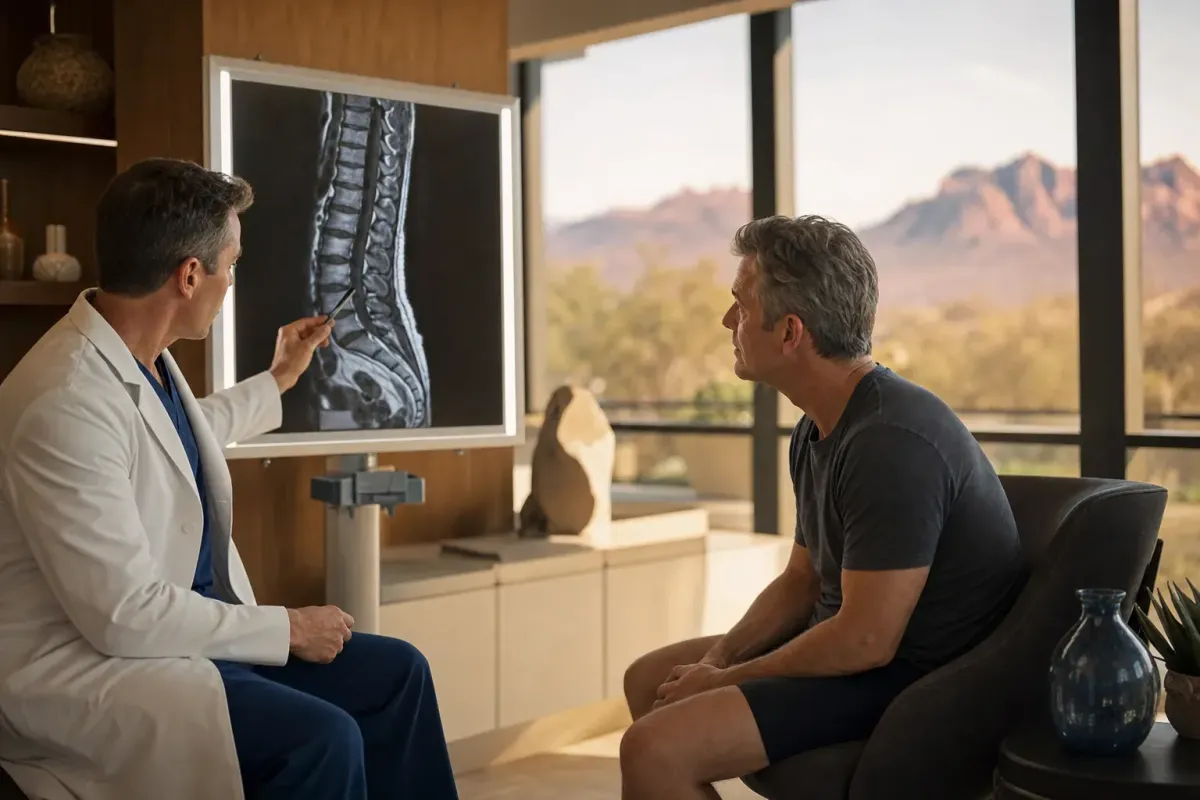 Surgeon reviewing spinal MRI with patient in a warm modern Phoenix consultation room