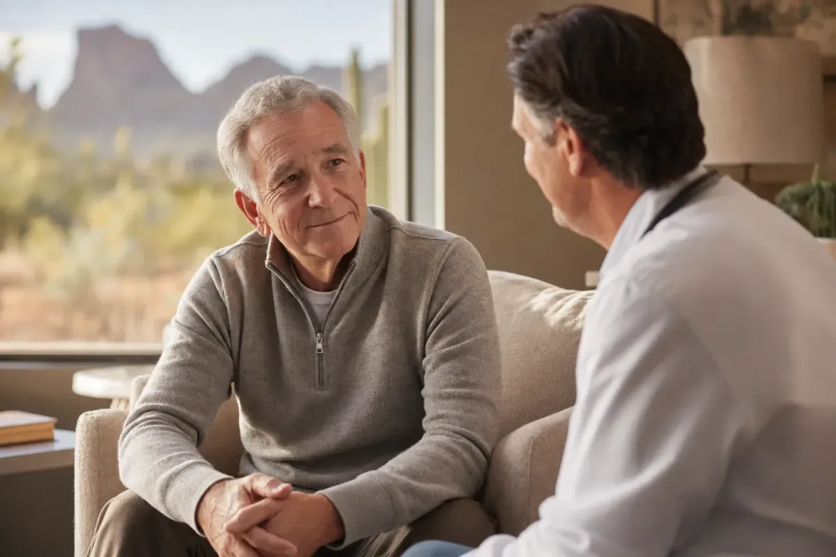 Older adult in a warm supportive conversation, reflecting compassionate care for chronic pain and mood in later life