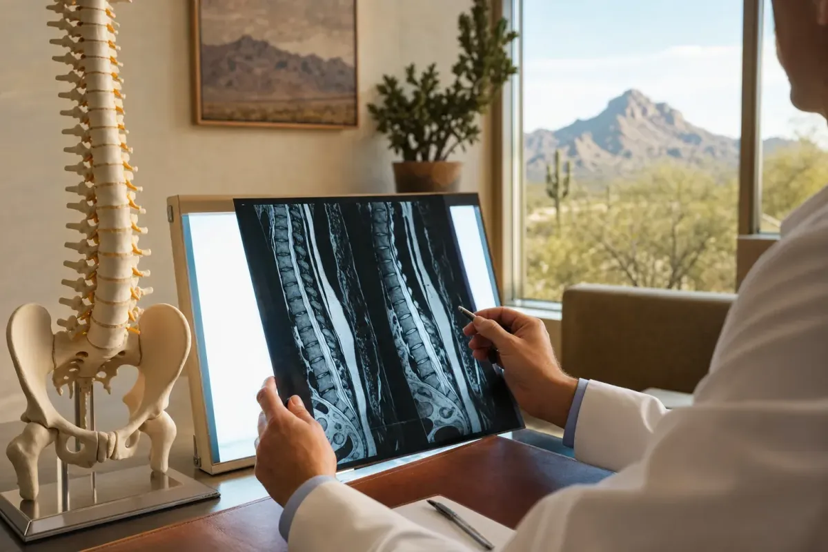 Physician reviewing spinal MRI in a warm desert-toned Phoenix medical office