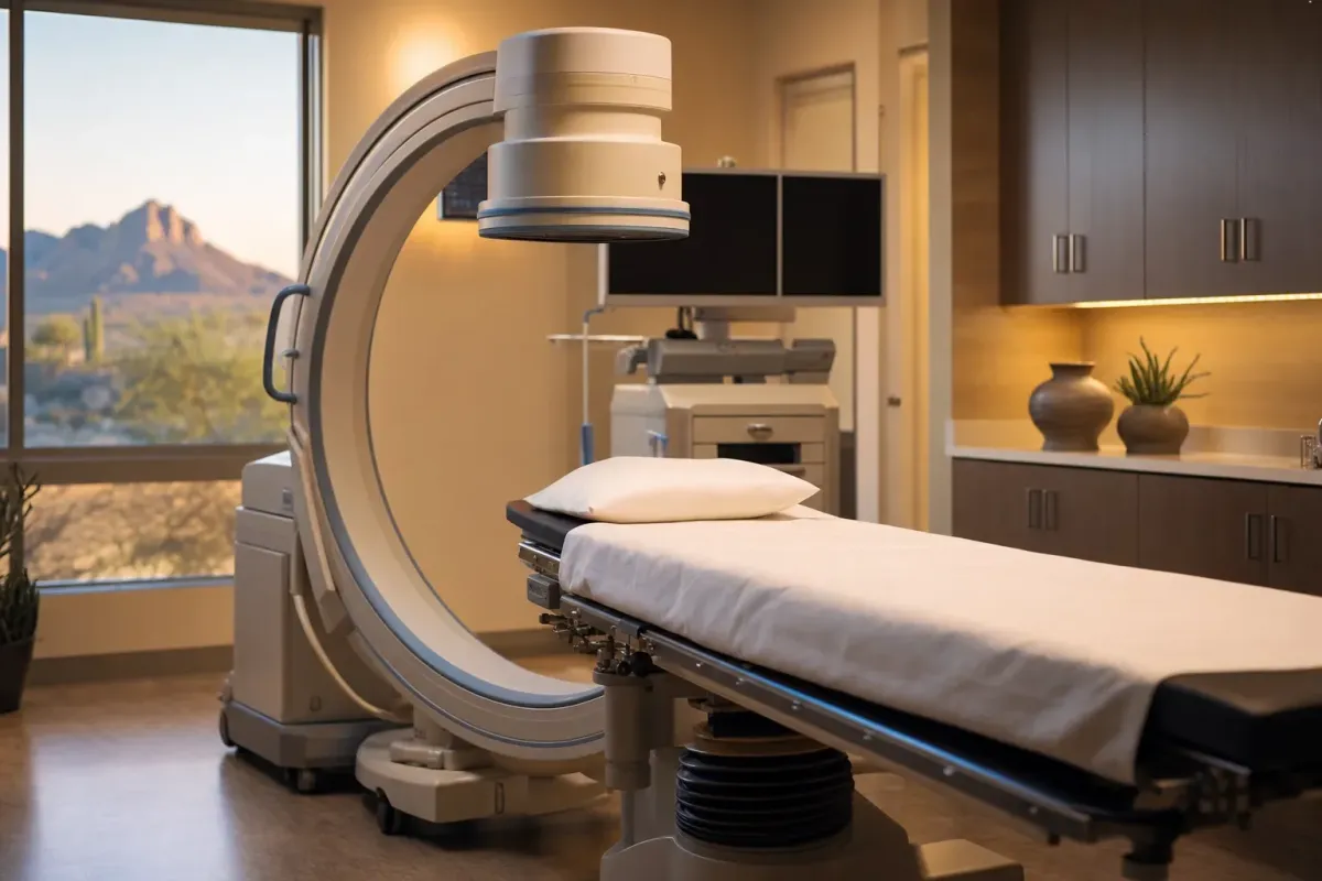 Modern image-guided procedure room used for radiofrequency ablation of spinal facet nerves