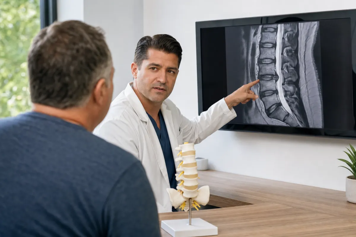 Spine surgeon showing a patient a lumbar MRI with a herniated disc in a modern consultation room
