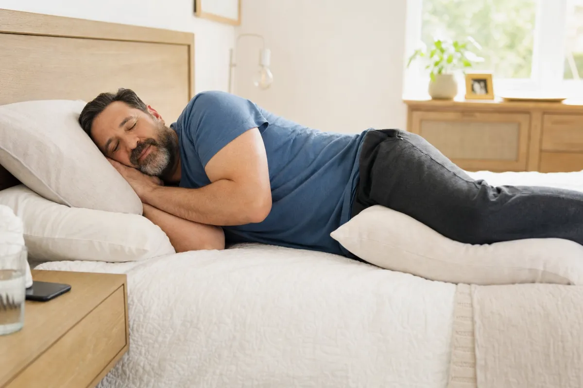 An adult sleeping on their side with a pillow between the knees on a supportive mattress