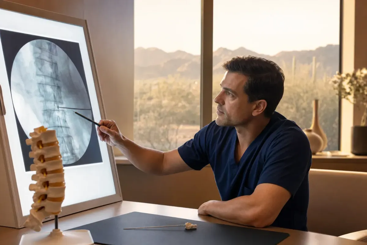 Surgeon reviewing a fluoroscopic vertebra image with a vertebroplasty needle and spine model in a warm Phoenix office