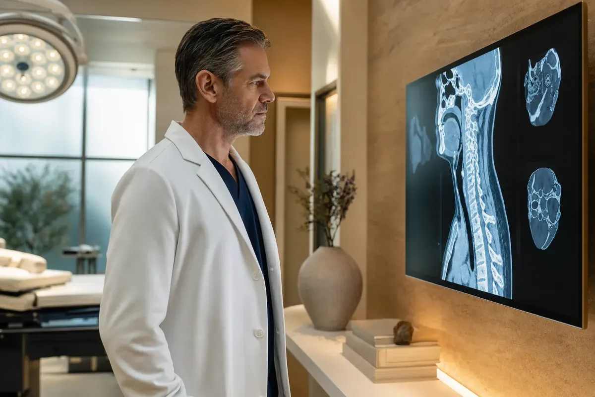 Spine surgeon reviewing a cervical spine trauma CT scan in a Phoenix neurosurgery setting