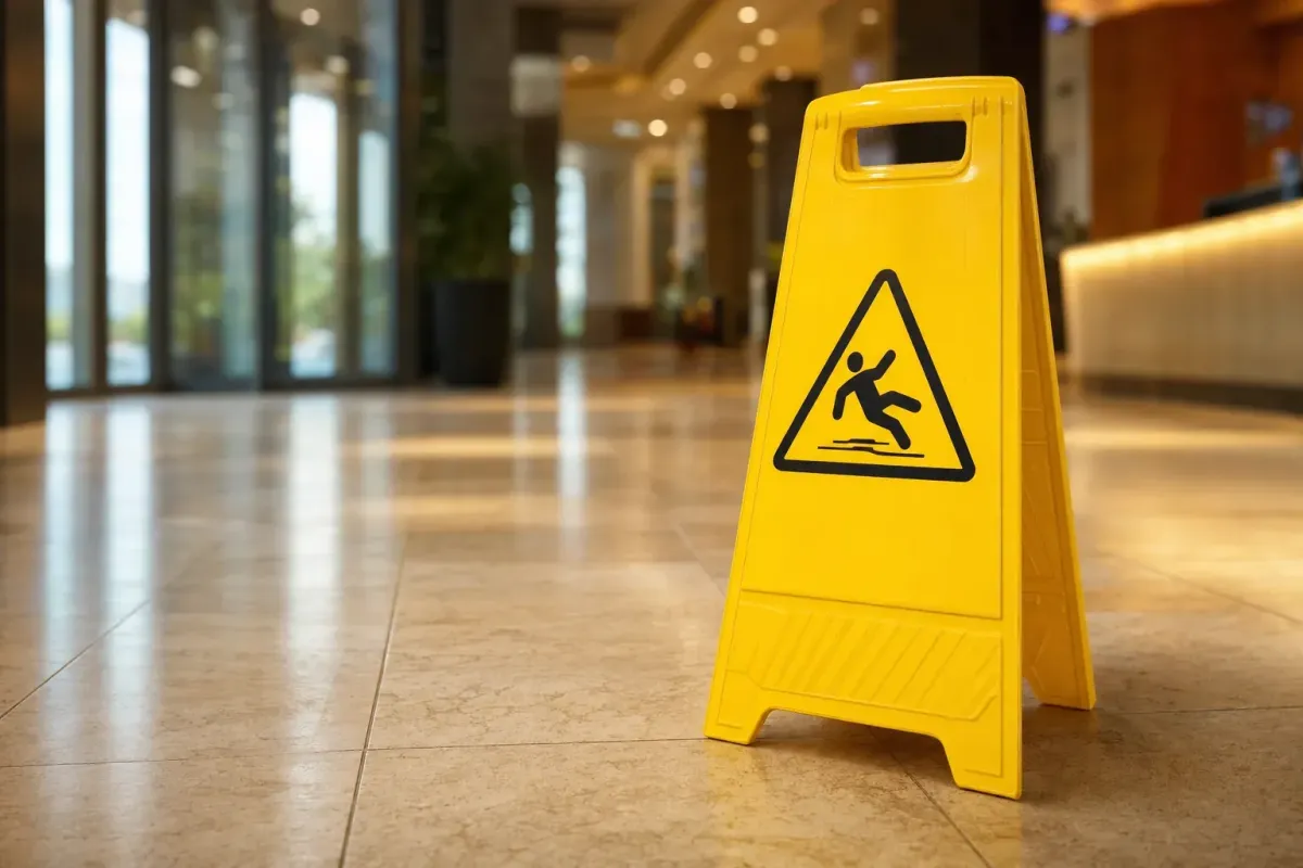 Wet floor caution sign representing slip and fall injury risk in a public space