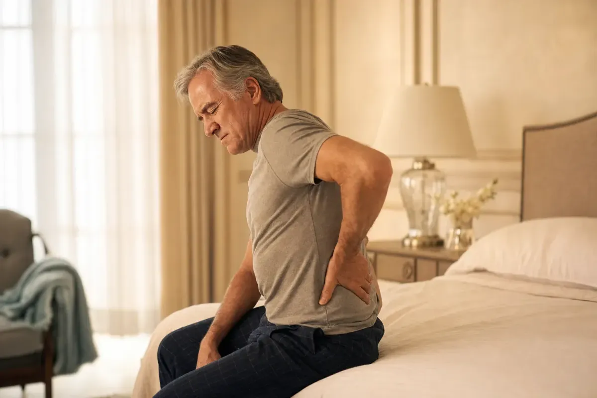 Adult pressing a hand to the lower lumbar back while seated, illustrating low back pain prevalence