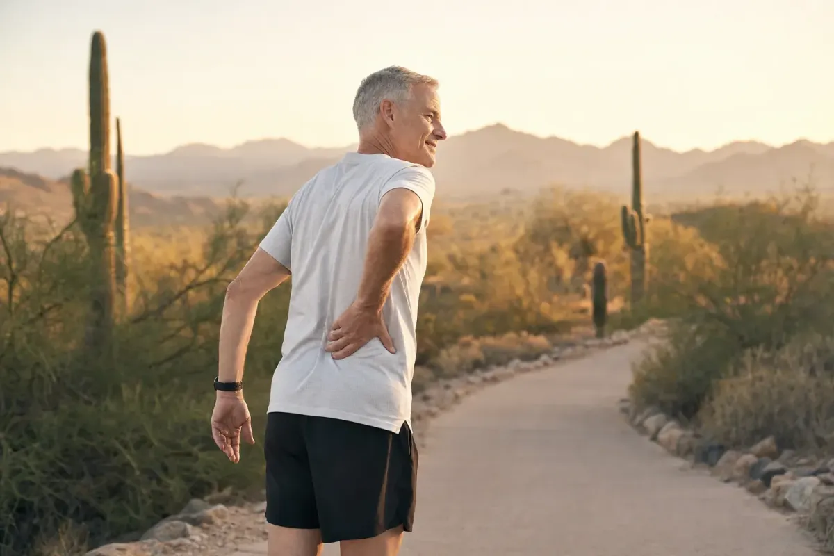 Adult resting a hand on the lower back on an Arizona desert path, illustrating back pain prevalence