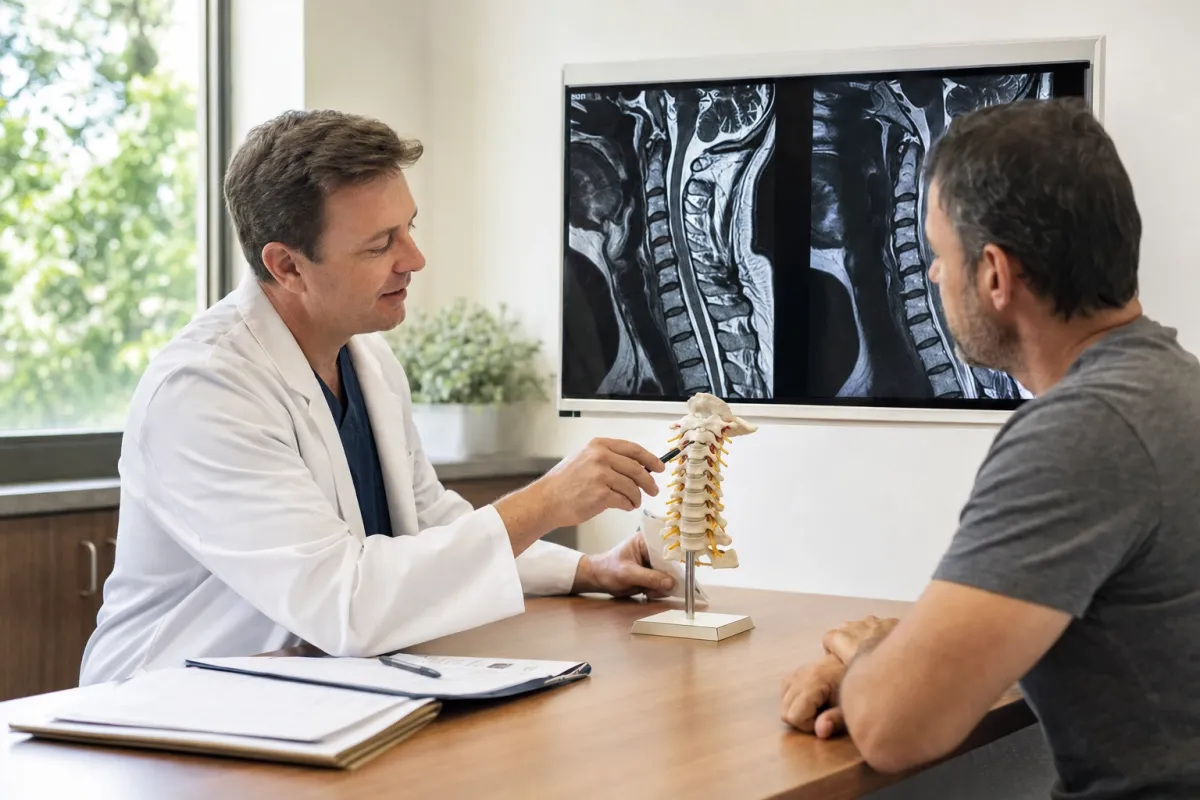 Spine surgeon reviewing a cervical spine MRI and vertebrae model with a patient during a decompression surgery consultation