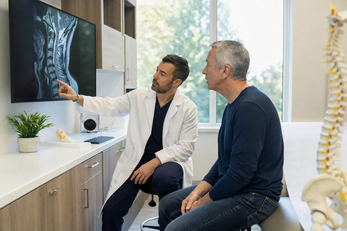 Spine surgeon reviewing a cervical spine MRI with a patient during a consultation