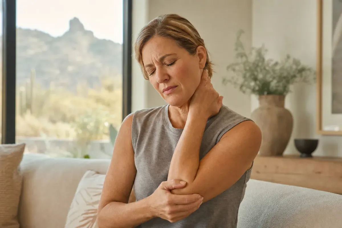 Adult with radiating symptoms from the neck into the arm, illustrating cervical radiculopathy