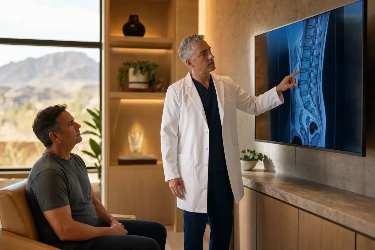 Spine surgeon reviewing a spinal MRI scan with a patient in a Phoenix neurosurgery consultation