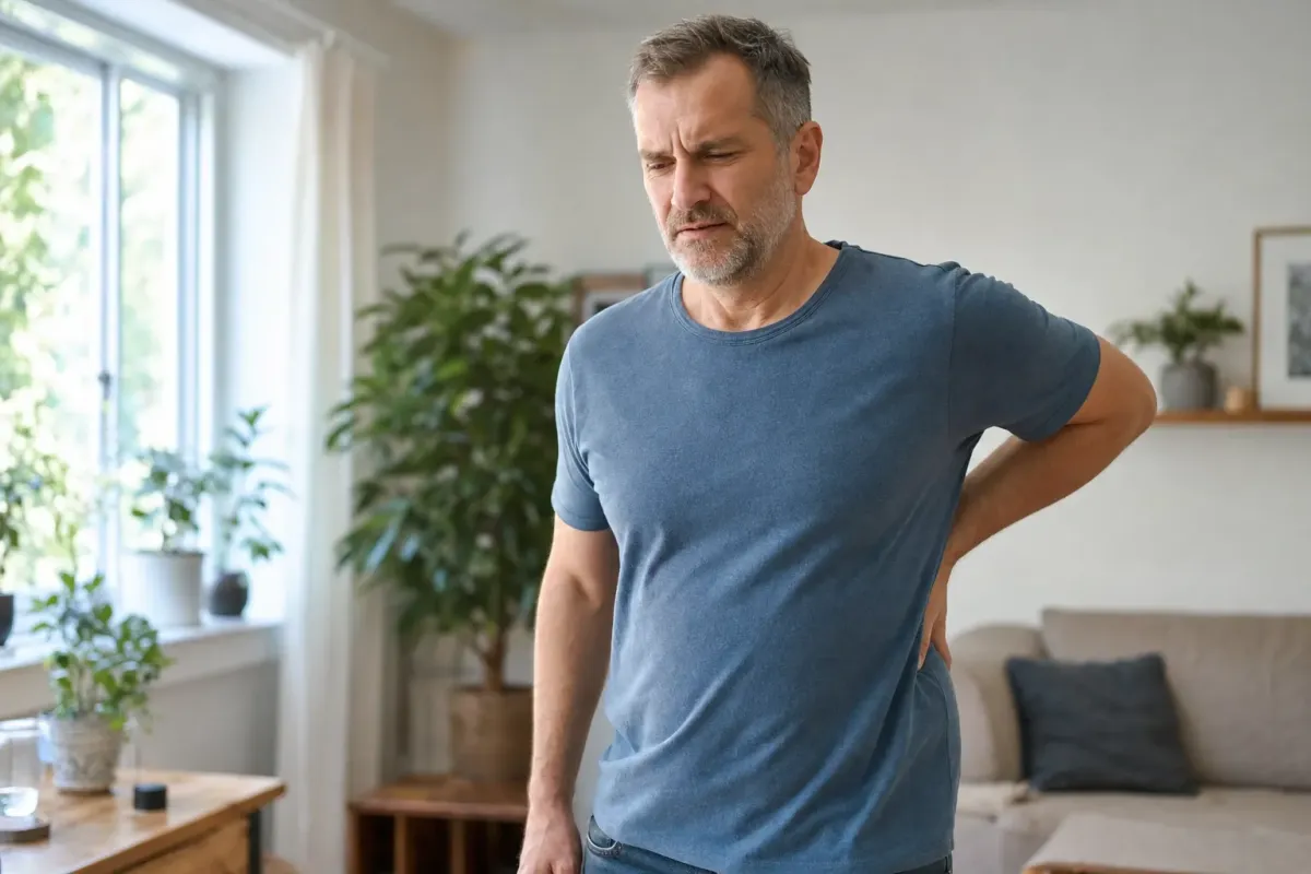 Middle-aged man holding his lower back at home with long-lasting back pain