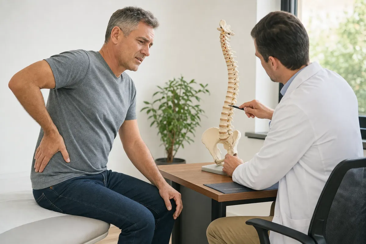 Man with lower back and leg pain consulting a spine doctor about sciatica relief