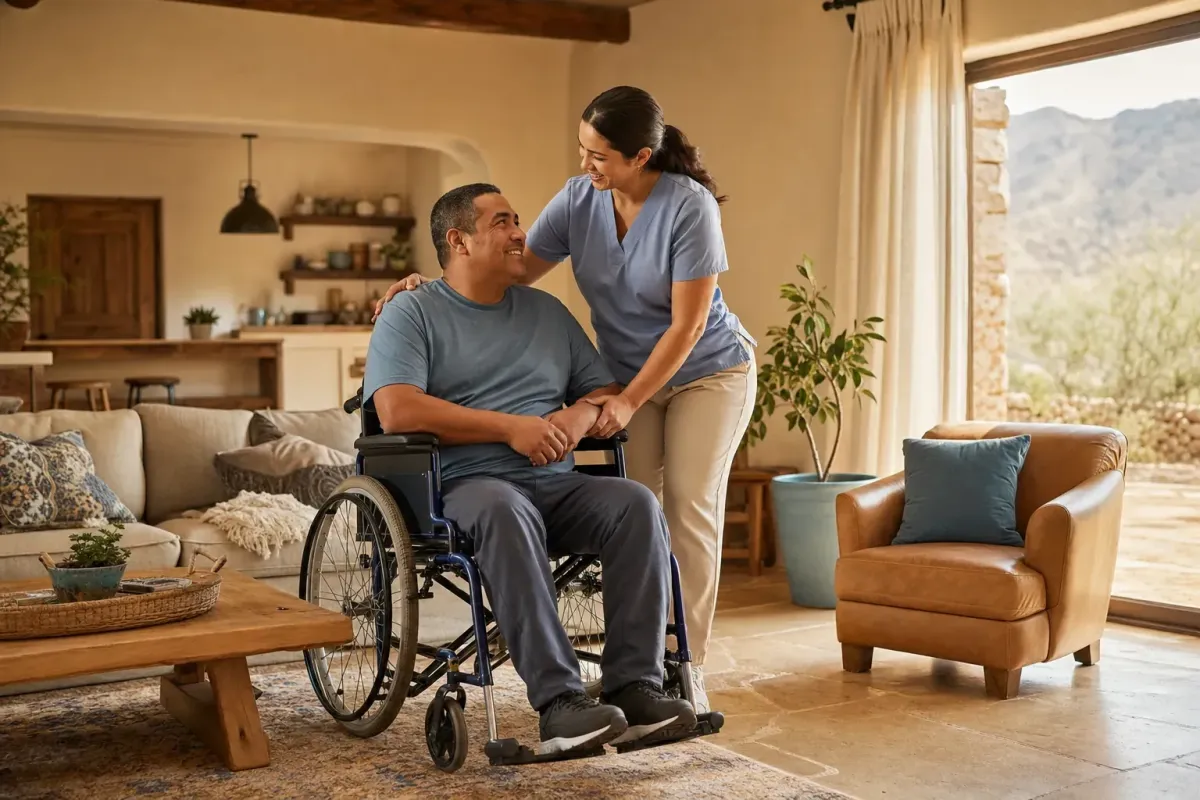 Home caregiver assisting a person in a wheelchair, representing attendant care after spinal cord injury
