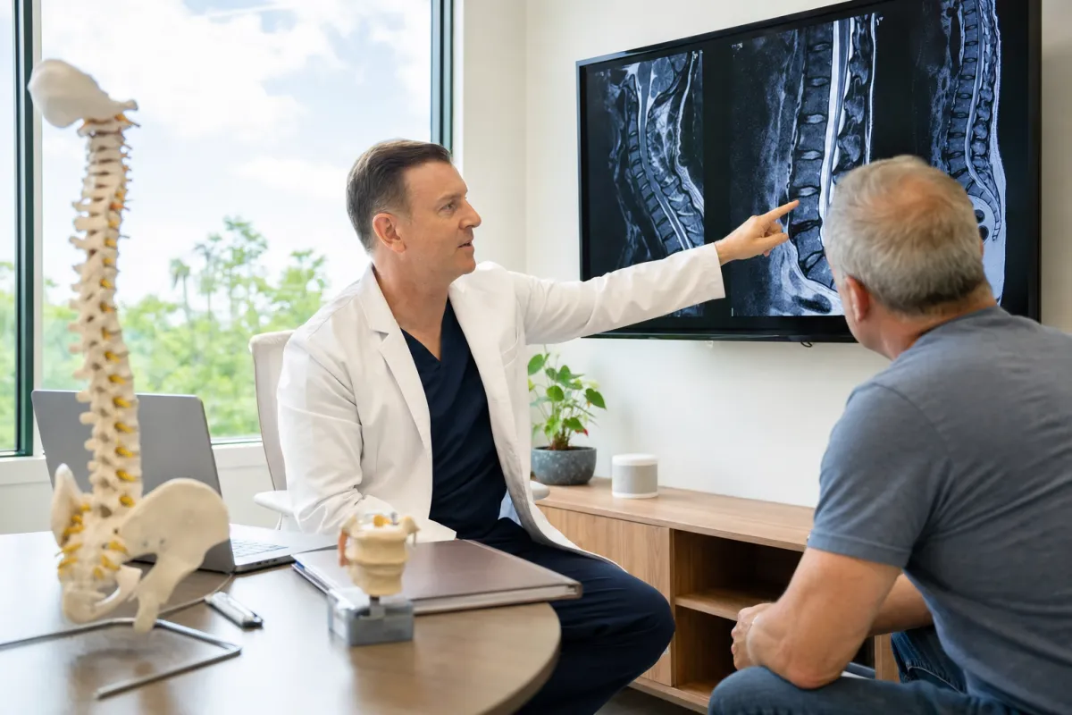 Spine physician reviewing a spinal MRI with a patient in a clinical consultation room