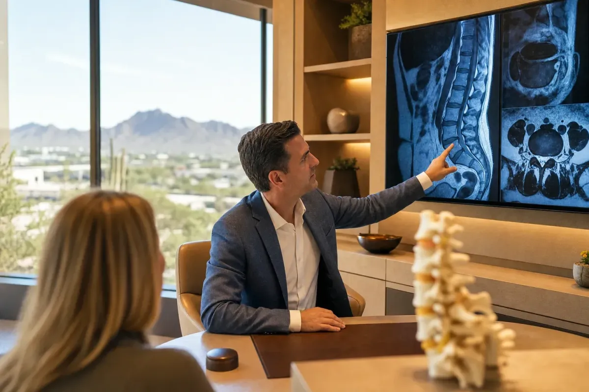 Spine physician reviewing a herniated lumbar disc on MRI in a Phoenix office