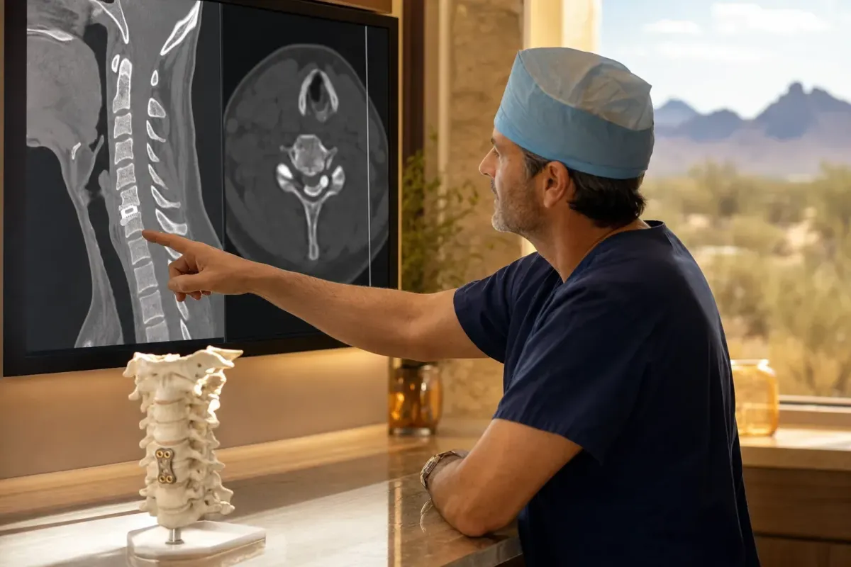 Surgeon reviewing a cervical fusion CT with an ACDF spine model in a warm Phoenix medical office
