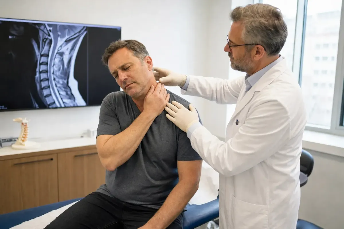A patient holding his neck during a clinic exam for cervical radiculopathy with a doctor