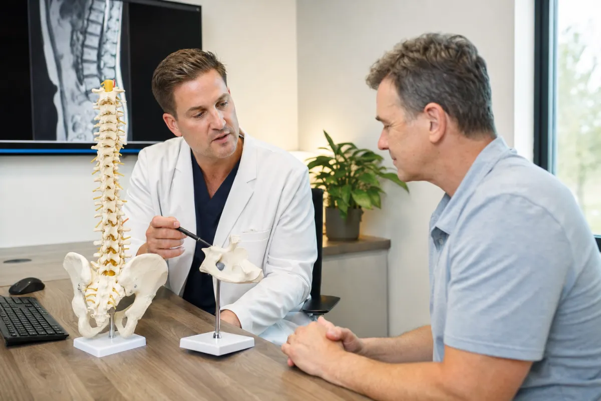 Spine surgeon reviewing a lumbar spine model with a patient during a back surgery consultation