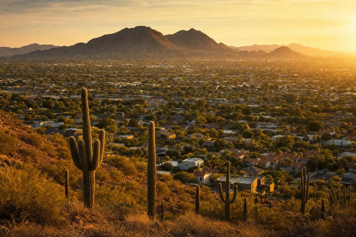 Phoenix Arizona residential area with desert mountains at golden hour, representing Arizona health coverage