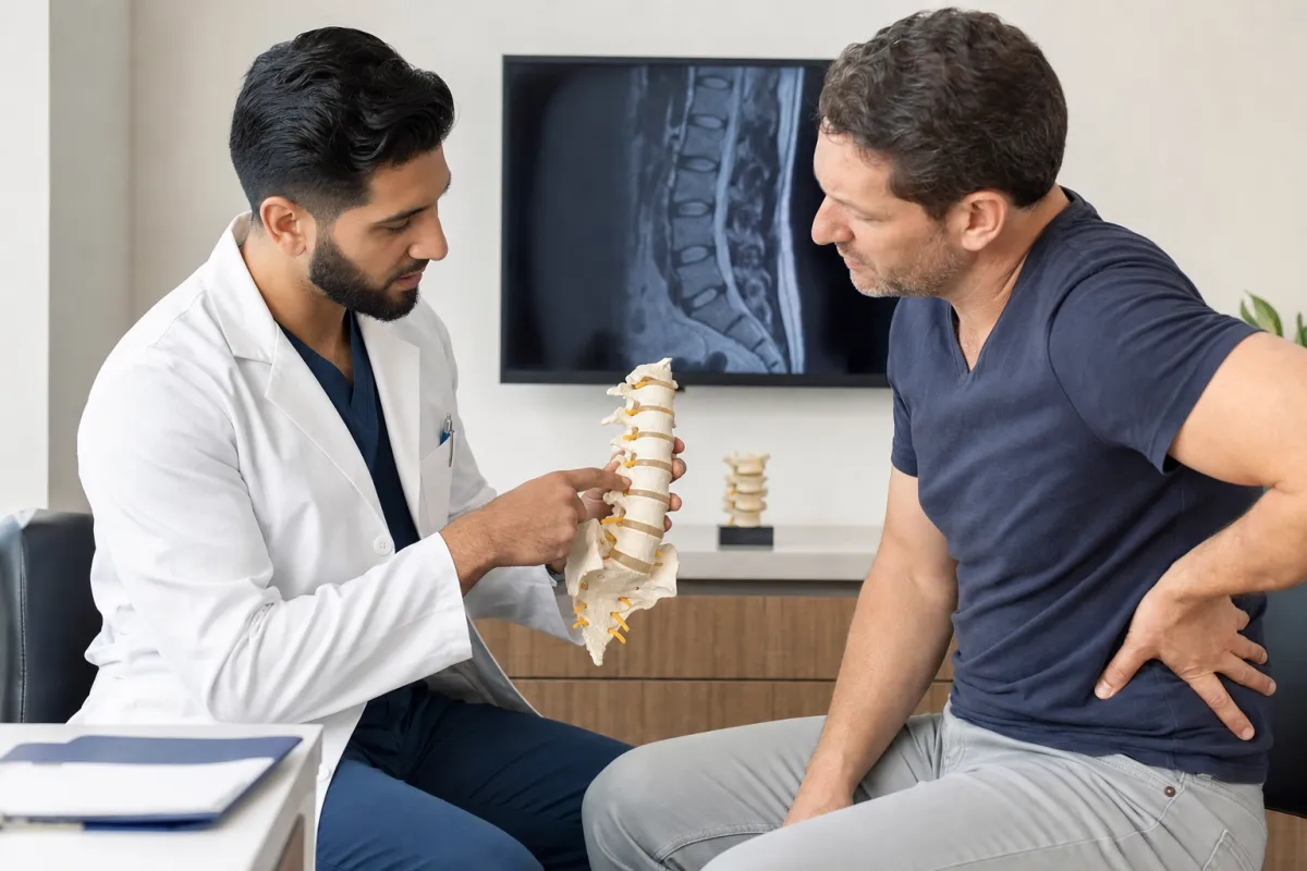 Spine physician showing a patient a lumbar spine model during a sciatica consultation